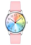 Letoff Girl's Analog Watch Rainbow Dial with Arabic Numerals, with Pink Band, Water Resistant 30M, White Dial