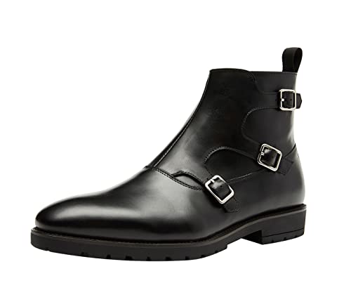 Santimon Men's Ankle Boots Genuine Leather Plain Toe Buckle Monk Strap Classic Chelsea Dress Cowboy Boot