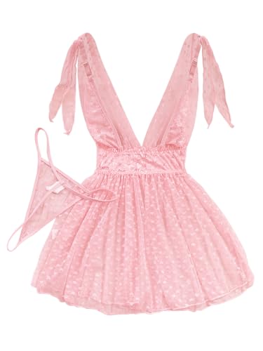 Image of Lilosy Sexy Polka Dots Mesh Sheer Lace Babydoll Chemise Lingerie Set Floral Sleep Wear