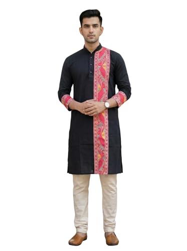 Image of Men's Jamdani Printed Kurta Pajama Set | Pure Cotton Ethnic Kurta with Mandarin Collar & Dupion Silk Pyjama | Festive & Weddings 303A12A 303SB12B(M XXL)