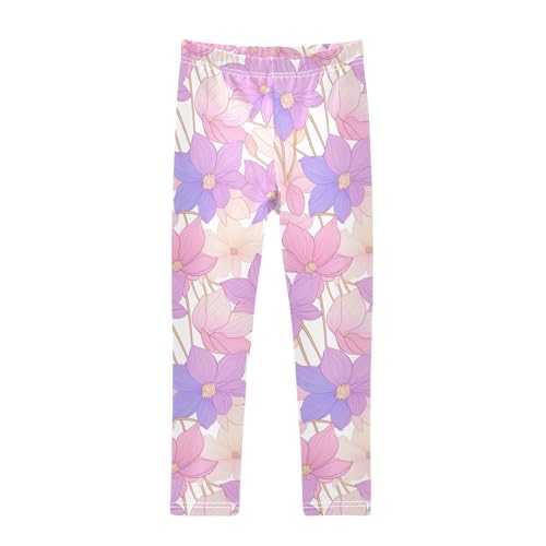 KLL Lilac and Pink Flowers Girls Basic Leggings Stretch High Waisted Dance Pants Sports