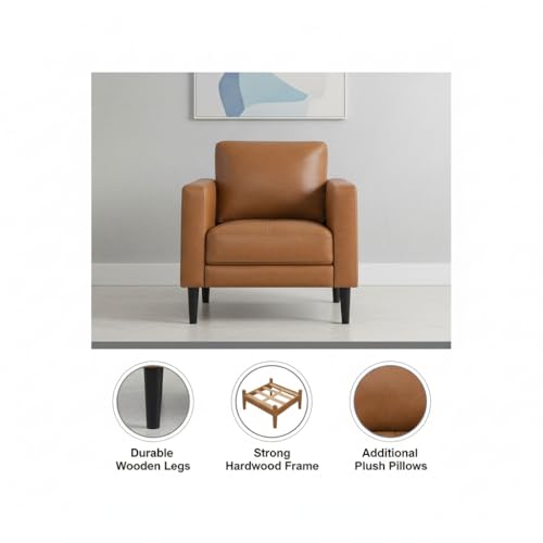 Naomi Home Genuine Leather Upholstered Single Sofa Chair for Living Room Mid Century Chair Modern Accent Arm Couches Reading Chairs for Bedroom Comfy Sofa Tan