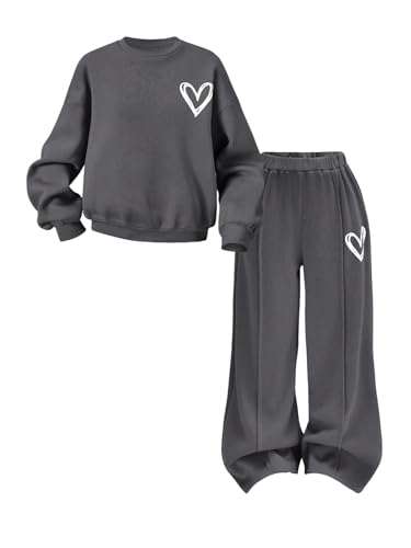 OYOANGLE Girl's 2 Piece Outfit Sweatsuits Set Heart Print Fleece Sweatshirts and Sweatpants Tracksuits