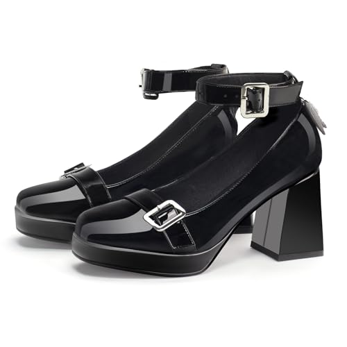 Platform Mary Jane Chunky Heels for Women Closed Toe Heart Goth Shoes Ankle Strap Patent Leather Pumps4