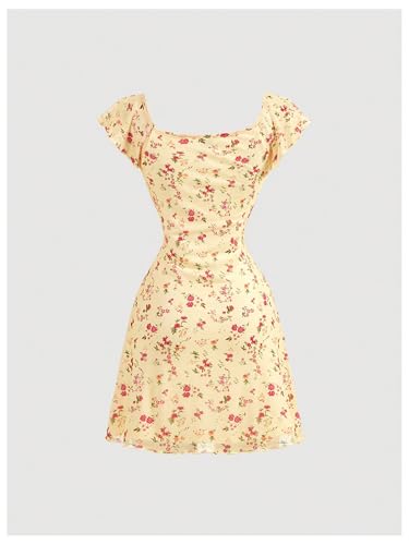 Floerns Women's Floral Print Cap Sleeve Dress Square Neck Tie Front Summer A Line Cute Mini Dresses2