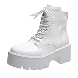 [ALVEIN] 厚底 ショートブーツ ブーティ レースアップ レディース 歩きやすい 大きめ 防水 袴 太ヒール 編み上げブーツ シークレット (ホワイト, 22.5 cm)