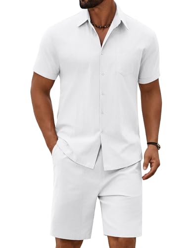 COOFANDY Mens White Outfits Sets 2 Piece Vacation Outfits Linen Short Sets For Summer Beach Cruise