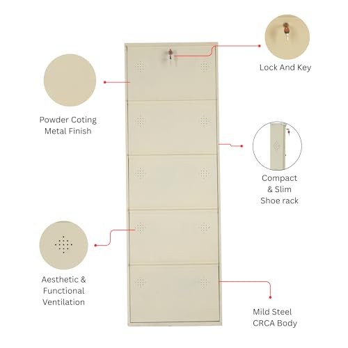 Image of 5 Door Wall Mounted Metal Shoe Rack Cabinet, Ivory, 63x21x6 Inch