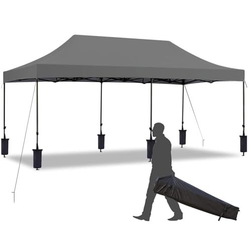 EROMMY 10' x 20' Pop Up Canopy Tent, Commercial Instant Canopy with Roller Bag, 6 Sand Bags, Outdoor Canopies for Festival, Event, Gray