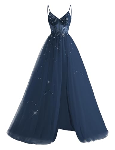 ZOOYYUE Glitzer Tüll Abendkleider Lang - Damen Perlen Spaghetti-Träger Ballkleider mit Schlitz Navy Blau 46