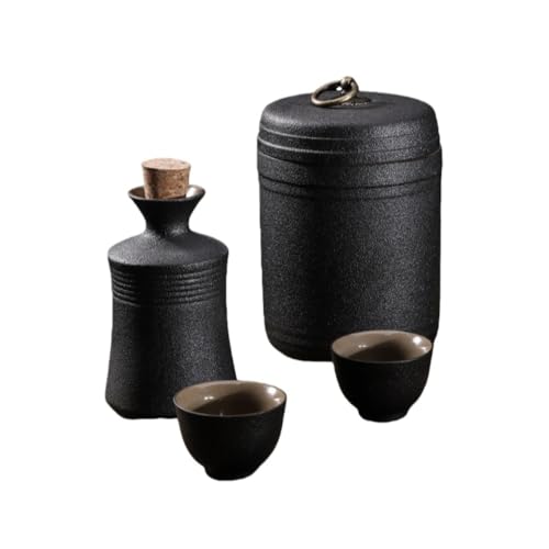 SIzlaho 日本酒ケトルセット、ヴィンテージセラミックワインウォーマー、家庭用ホットワインケトル、セラミック黒釉ワインセット、焼酎ディスペンサー、蒸し器とカップ付き、ティールーム (C+2カップ)