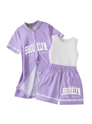 Image of Hilinker Girls 3 Piece Outfits Graphic Tank and Short Sleeve Cardigan with Shorts Set