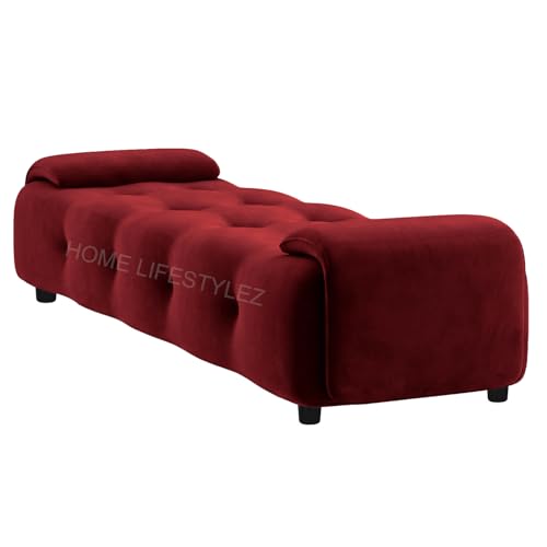 Image of Home Lifestlez Monel 2 Seater Tufted Ottoman Bench | Velvet Upholstered | Seating Bench Window Bench Footrest Stool End of Bed Bench Living Room Furniture | Comfortable & Stylish - Maroon