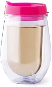 Bev2Go Double Wall Insulated 10 oz Acrylic Tumbler Stemless Wine Glass with Lid (Pink)