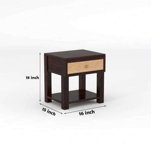 Image of Solid Sheesham Wood Bedside Table with Cane Rattan Drawer & Open Storage Shelf | Wooden Nightstand for Bedroom, Living Room & Guest Room (Walnut Finish)