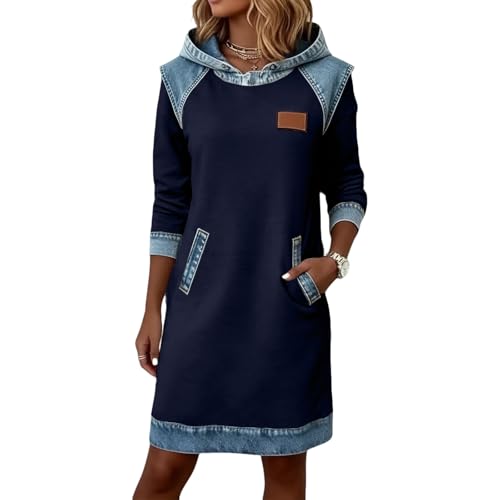 FUPODD Pulloverkleid Damen Oversize Mit Kapuze Sweatkleid Langarm Patchwork Jeans Hoodie Kleid Knielang Winterkleid Elegant Hoodiekleider Winter Sweatshirtkleid Mit Taschen Kapuzenkleid Longpullover
