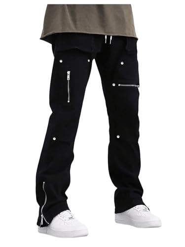 GORGLITTER Men's Casual Grunge Baggy Sweatpants Hiking Stacked Flared Cargo Work Pants Rivets Trousers4
