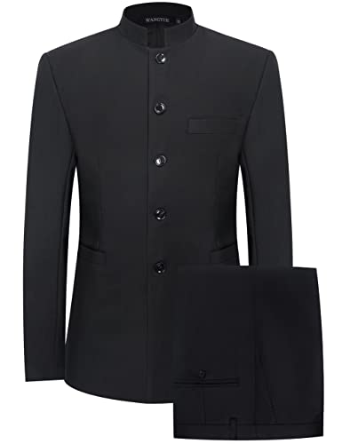 Wangyue Men's Chinese Tunic Suit Stand Collar Slim Fit 2 Piece Suits Front Button Blazer Pant Set3