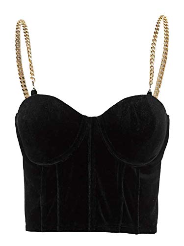 Romwe Women s Sleeveless Chain Strap Bustier Zipper Back Velvet Crop Cami Tank Tops Black M