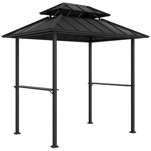 Outsunny Barbacoa cenador rígido de Doble Techo, cenador de jardín con 2 estantes y Gancho Superior, toldo de Barbacoa para terraza de jardín, 244x184x258cm, Negro