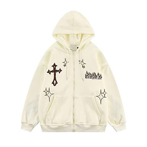 PonitrackAesthetic Hoodie Y2K Hoodie Gothic Hoodie Flame Cross Print Streetwear Women Oversized Hoodie Zip Up