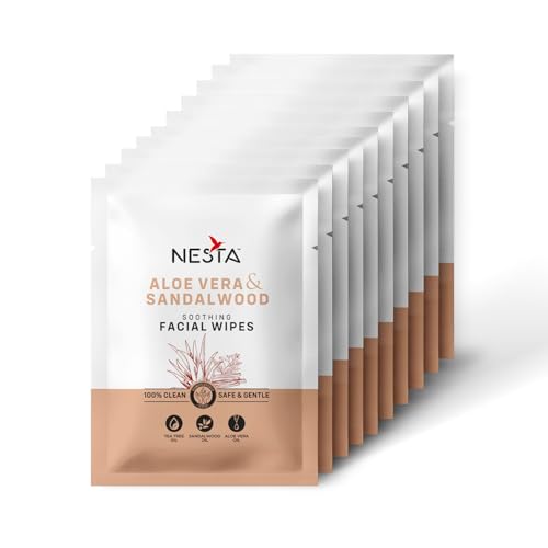 Image of Nesta Premium Sandalwood & Aloe Vera Facial Wet Wipes 100 Sachets | Face & Hand Cleansing Wipes | Alcohol Free, Paraben Free, Gentle on Skin | Travel Friendly Pocket Wipes, Face Tissue Towelettes for Men & Women