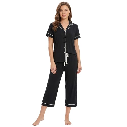 Image of Joyaria Bamboo Viscose Cooling Pajamas for Women Capri Button Front Pjs Set | Ideal for Night Sweats, Hot Sleeper Friendly, Breathable & Moisture Wicking, Short Sleeve Top