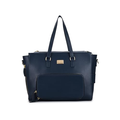 JUNO Women’s Work & Travel Tote Bag 15.6 Inch Laptop Bag, Multipurpose Office Bag with Lunch Box Compartment, Spacious & Stylish Vegan Leather Handbag, Detachable Shoulder Strap | Medium, Blue