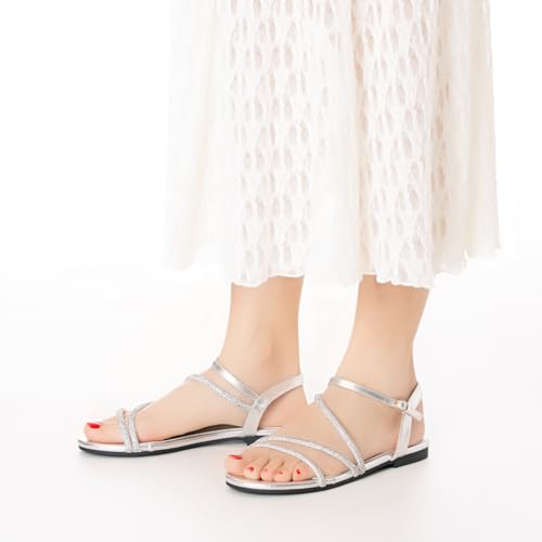 Image of Mtzyoa Women Flat Sandals Dressy Strappy Gladiator Summer Ankle Strap Nude Open Toe Comfortable Wedding Casual Leather Ladies Party Trendy Vacation