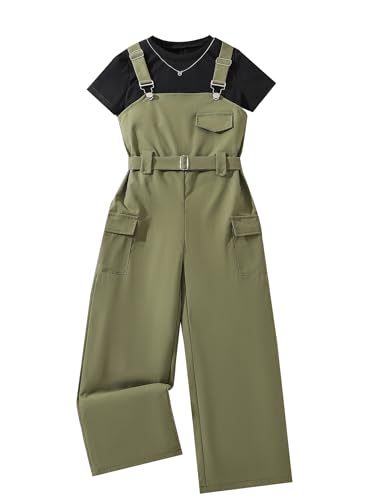 Catálogo de Ropa de Acampada y marcha para Niña los mejores 10. 46 Hilinker - Conjunto de overol de 2 piezas para niña, playera de manga corta y overol tipo cargo con bolsillos, de 7 a 14 años, Negro Verde Ejército, 11-12 Años