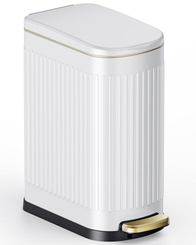 Image of CEROELDA White Bathroom Trash Can with Lid-10L/2.6 Gallon Stainless Steel Step Slim Garbage Can-Rectangle Pedal Trash Bin for Narrow Office, Kitchen, Bedroom, Toilet-Soft Close (B-White/2.6 Gallon)