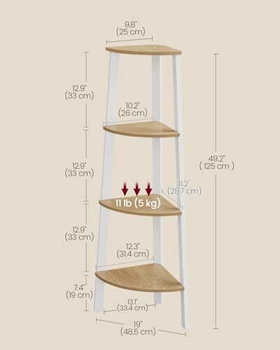 Image of VASAGLE Corner Shelf Stand, 4-Tier Corner Bookshelf, Industrial Ladder Shelf, Plant Stand for Living Room, Office, Kitchen, Natural Oak and Matte White ULLS034Y70