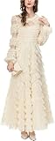 Sexy Women's Prom Dress O-Neck Long Sleeve High Waist Mesh Ruffle Slim Fit Eye-Catching Maxi Dress(Beige,Medium)