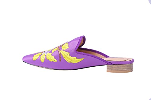 Image of Fericzot Women's Velvet Backless Pointed Toe Slip On Loafers Flats Embroidery Mule Slippers Shoes