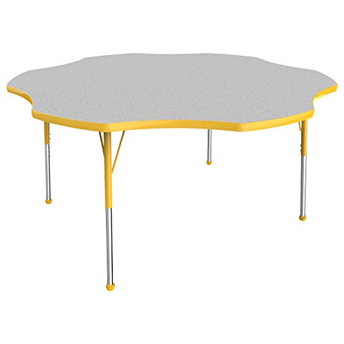 FDP Flower Activity School and Office Table (60 inch), Standard Legs with Ball Glides for Collaborative Seating Environments, Adjustable Height 19-30 inches - Gray Top and Yellow Edge