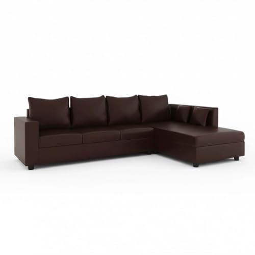 Image of FURNY Harloy 5 Seater RHS L Shape Leatherette Sofa Set (Brown) in Premium Finish | Durable Comfort | Ideal for Living Room