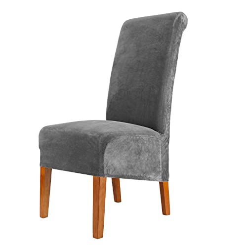 CMAKER Velvet Dining Chair Covers Stretch Large Chair Slipcover Spandex High Back Chairs Cover Elastic Washable Removable XL Chair Protector Set of Dark Gray