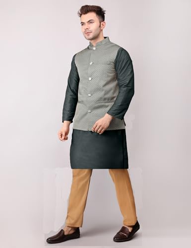 Image of Men's Cotton Silk Blend Regular Kurta Pyjama, Embroidered Nehru Jacket /Waistcoat Set