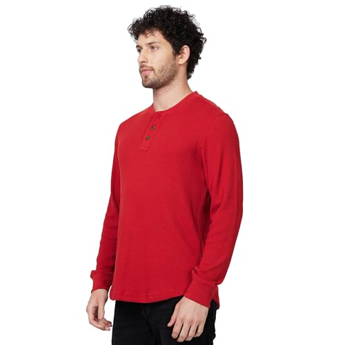 Image of Spykar Henley Neck Full Sleeve Orange Solid T-Shirt for Men