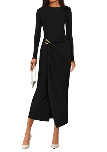 PRETTYGARDEN Women's Fall Wedding Guest Cocktail Midi Dresses Elegant Long Sleeve Bodycon Ruched Dress 2026 Fashion Clothing (Black,Large)