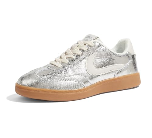LUCKY STEP Baskets Femme Rétro – Sneakers Mode Classiques, Antidérapants et Confortables pour Marche et Skate (Argent, 10US-41EU-8UK)