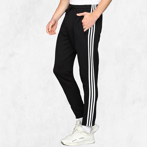 Image of Men's Cotton Track Pants with Side Stripes, Grey, Drawstring Waist