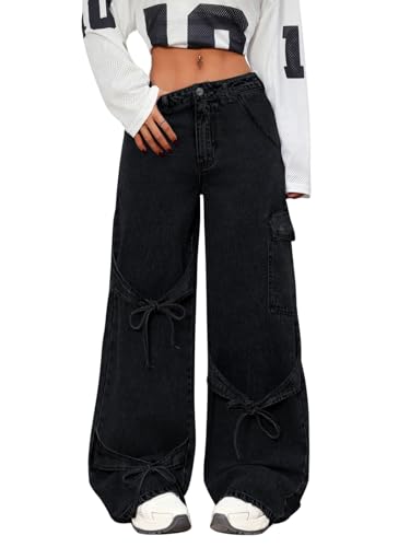 Bow Tie Baggy Jeans for Women Y2K Wide Straight Leg Denim Pants Mid Rise Casual Boyfriend Jeans with Bows