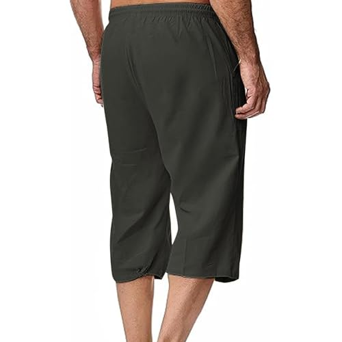 Cambkatl Men's Cotton Linen Capris Casual Summer Lounge Pants Lightweight Drawstring Elastic Waist Beach Pants with Pockets3