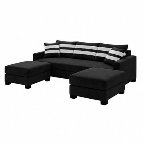 Image of Kassian Rich Velvet Suede 3 Seater Sofa Set with 2 Ottomans | Spacious Soft Touch Comfort Seating | Modern Sofa for Living Room (Black)