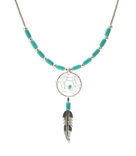 Dream Catcher Turquoise Imitation Sky Blue Small Tiny Necklace Set White 925 Sterling Silver, 18"
