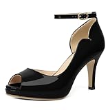 AUMOTED Women Black Pumps Peep-Toe Stiletto Heels with Adjustable Ankle Strap, Platform Wedding Shoes for Women Patent Black US Size 9