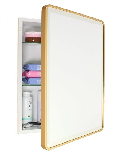 Image of 16x20 Austin Farmhouse Metal Framed Rounded Rectangle Recessed Bathroom Medicine Cabinet, Beveled Mirror, 14x18 in-Wall Opening, powder-coated Steel, Adjustable Glass Shelves, Magnet Close, Gold