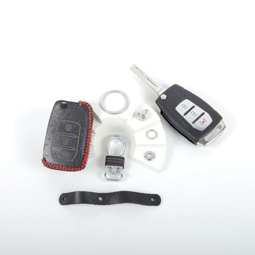 Image of Leather Smart Car Key Cover Case with Metal Hook Keychain for Mahindra XUV-300, Alturas (Black)
