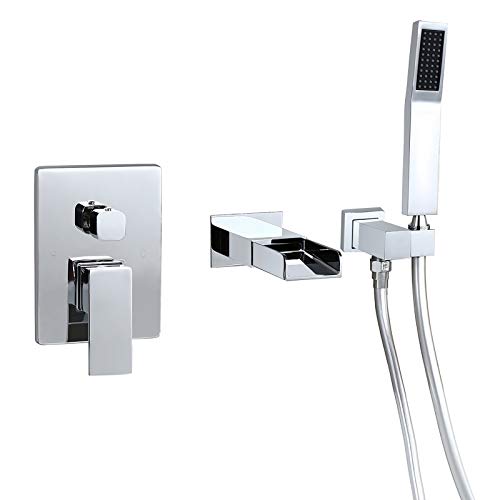 Homary Modern Wall Mounted Bathtub Faucet Waterfall Tub Spout Single Handle Solid Brass Tub Filler with Handheld Shower in Polished Chrome Finish, cUPC Certified